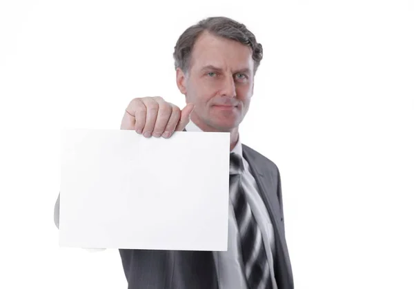 Serious businessman showing blank business card — Stock Photo, Image