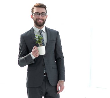 işadamı yeşil bir genç bitki tutuyor