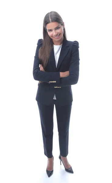 En pleno crecimiento. sonriente mujer de negocios de pie — Foto de Stock