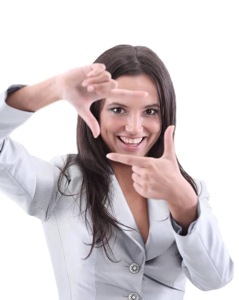 Empresária em terno cinza posando em fundo isolado — Fotografia de Stock