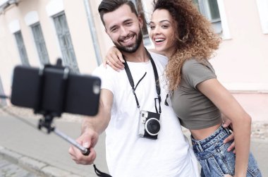 Mutlu seyahat çift selfie, romantik ruh hali yapma.