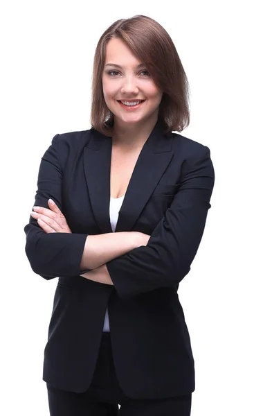 Hermosa mujer de negocios sonriendo aislada sobre un blanco — Foto de Stock