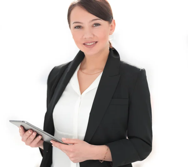 Close-up de uma jovem mulher de negócios bem sucedida com computador tablet — Fotografia de Stock