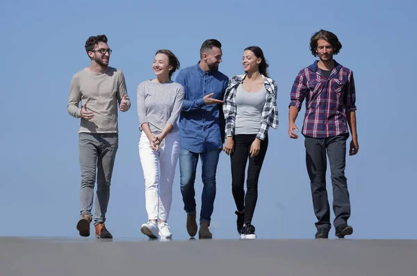 team of friends, walks on the road