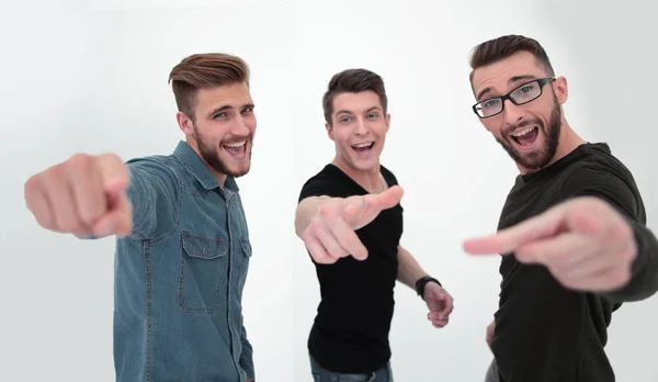 Group of smiling male friends pointing at you — Stock Photo, Image