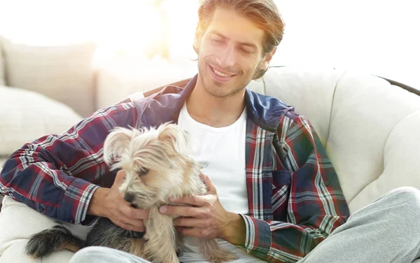 yakışıklı olan büyük bir koltukta oturan bir köpekle.