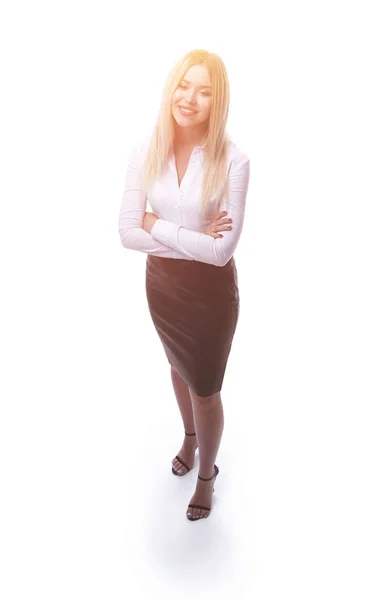 Retrato en pleno crecimiento confiado joven mujer de negocios haciendo un movimiento . — Foto de Stock