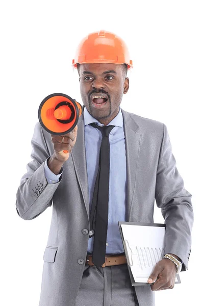 Trabalhador negro dando ordens com um megafone — Fotografia de Stock