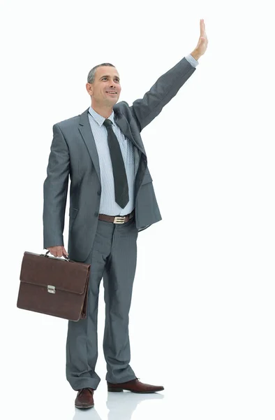 Confident businessman making a welcoming hand gesture — Stock Photo, Image