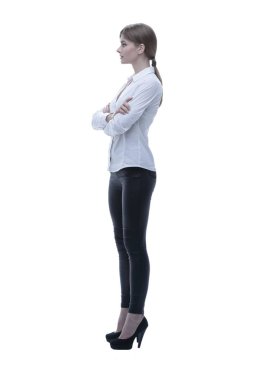 yan görünümü. Kendine güvenen genç bir kadın tam growth.portrait içinde