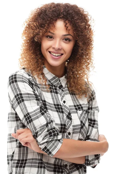 Jovem mulher confiante em camisa xadrez — Fotografia de Stock