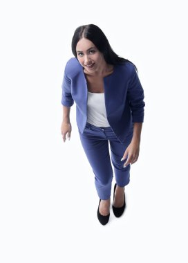 Yukarıdan bir genç iş kadını. Beyaz arka plan üzerinde izole.