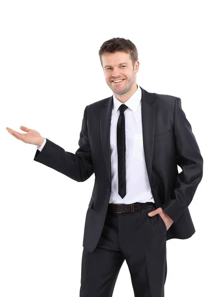 Smiling businessman pointing copy space. Stock Picture