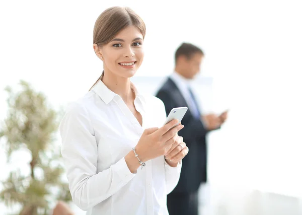 Closeup portrait young, shocked business woman, looking at cell phone — Stock Photo, Image
