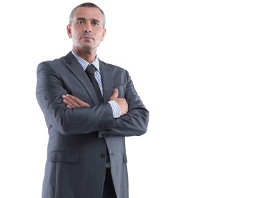 tam büyüme portre. Beyaz arka plan üzerinde başarılı gülümseyen businessman.isolated