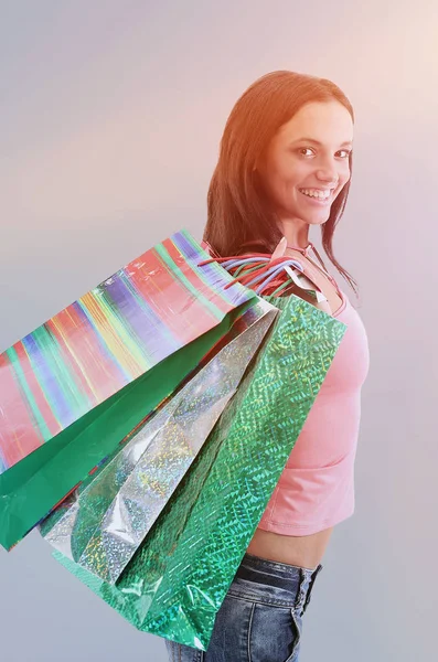 Imagem de mulher bonita com sacos de compras — Fotografia de Stock