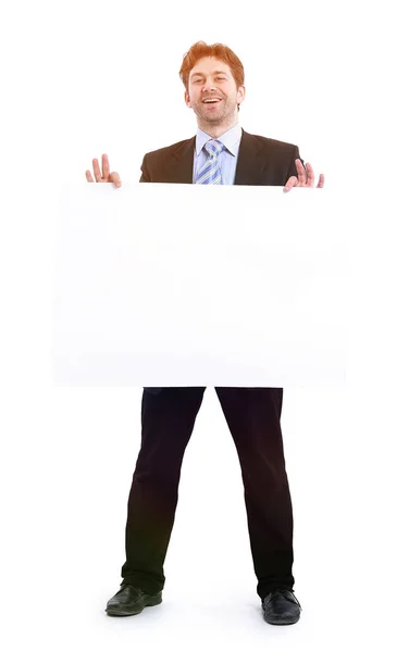 Бизнесмен, держащий в руках плакат — стоковое фото
