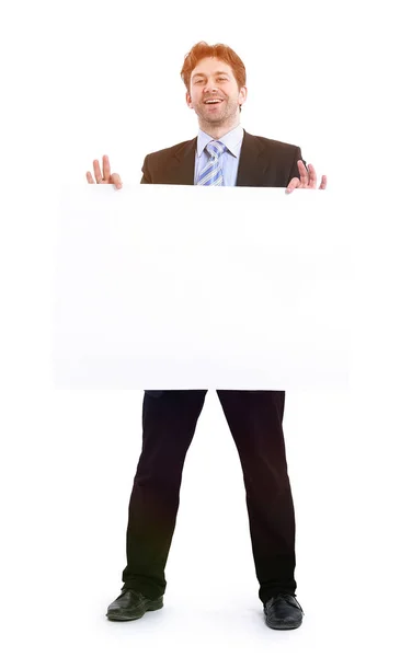 Businessman holding a blank poster — Stock Photo, Image