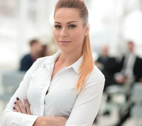 Closeup portrait of successful business woman on blurred background office — Stock Photo, Image
