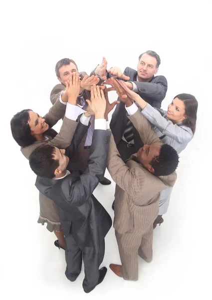 Succesvolle business team verhogen handen samen omhoog — Stockfoto