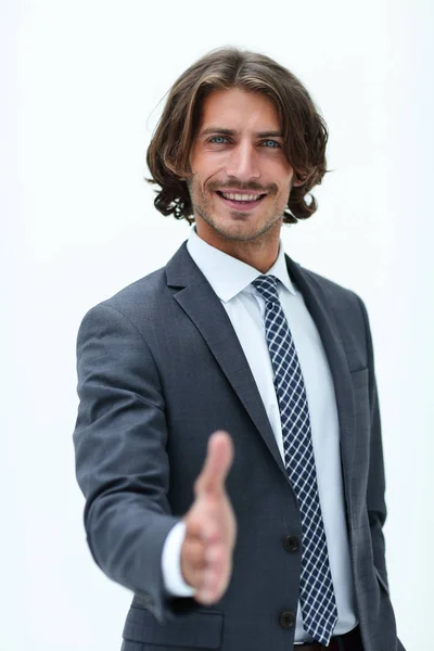 Businessman offering handshake to you on white background — Stock Photo, Image