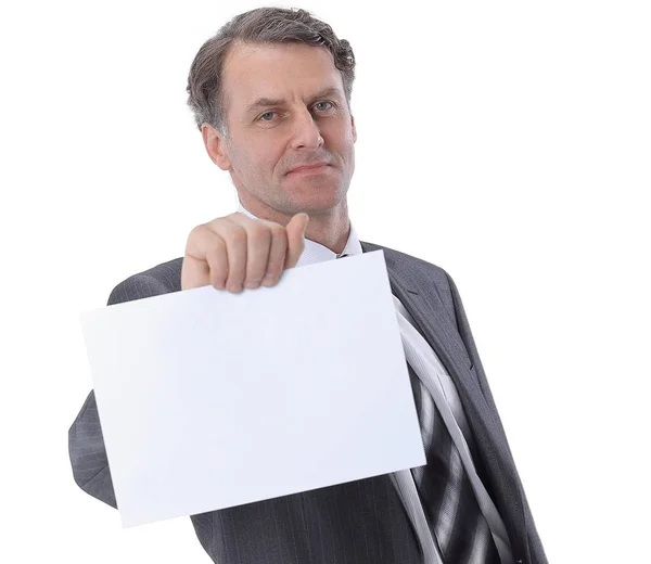 Serious businessman showing blank business card — Stock Photo, Image