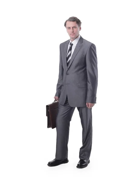 In all growth.Serious man in suit holding jacket — Stock Photo, Image