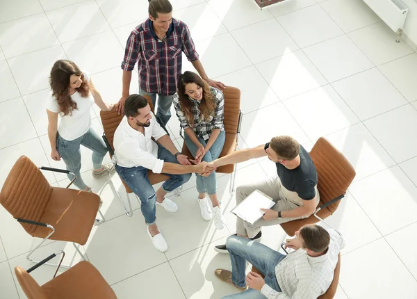 View from the top.a handshake with colleagues — Stock Photo, Image