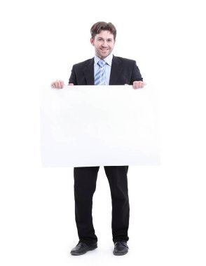 boş bir poster tutan işadamı