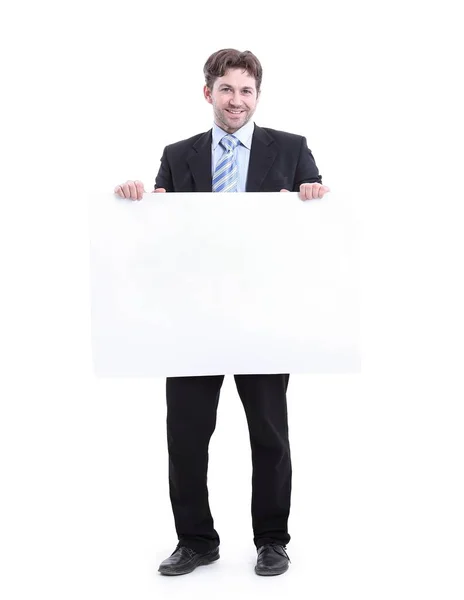 Бізнесмен тримає порожній плакат — стокове фото