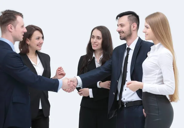 Benvenuto e stretta di mano partner commerciali — Foto Stock