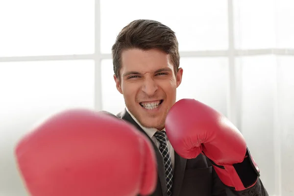 Happy businessman in Boxing gloves — Stock Photo, Image