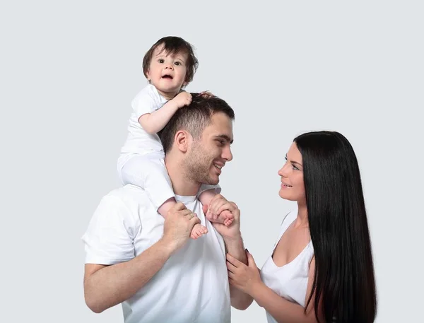 Uma família feliz no fundo branco — Fotografia de Stock