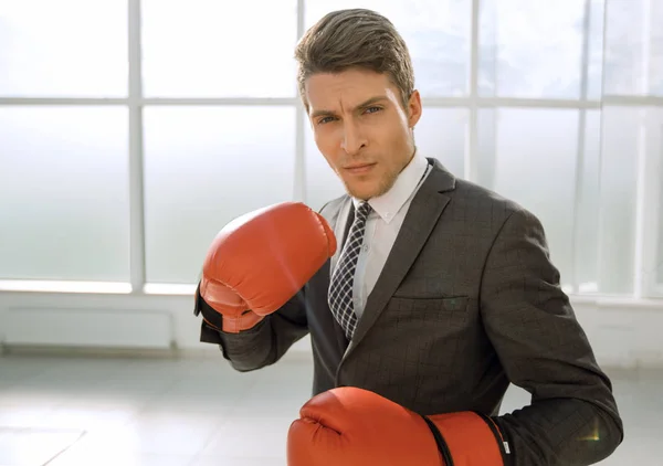 Joven empresario con propósito en guantes de boxeo . — Foto de Stock