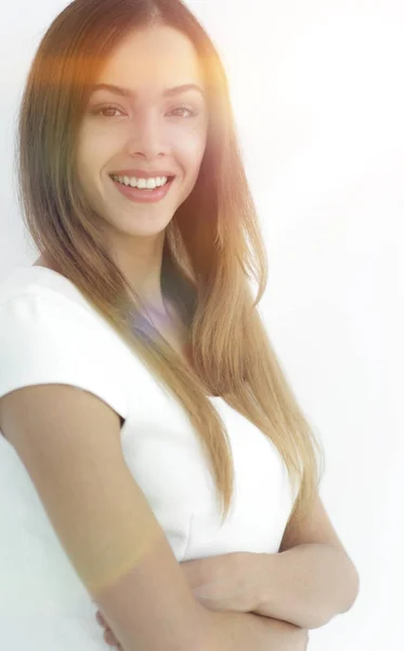Felice donna d'affari sorridente isolato su uno sfondo bianco — Foto Stock