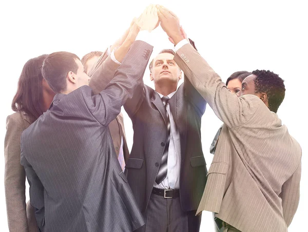 Succesvolle business team verhogen handen samen omhoog — Stockfoto