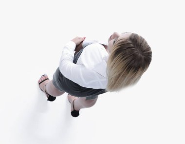 Kameraya bakarak en iyi .genç modern gülümseyen iş kadını üzerinden görüntülemek.