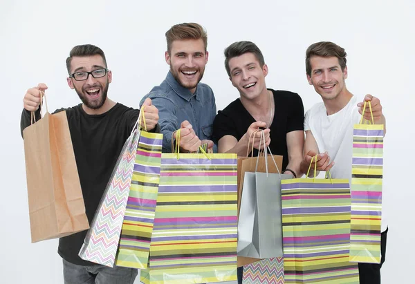 Veselí muži z obchodů s barevnými taškami, stál plný. — Stock fotografie