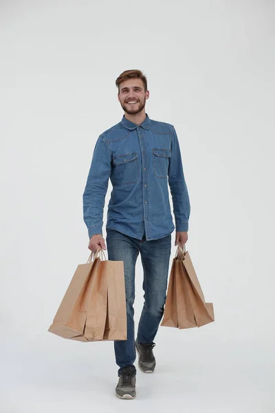 Immagine Giovane Uomo Magro Con Shopping Bag Isolato Bianco — Foto Stock