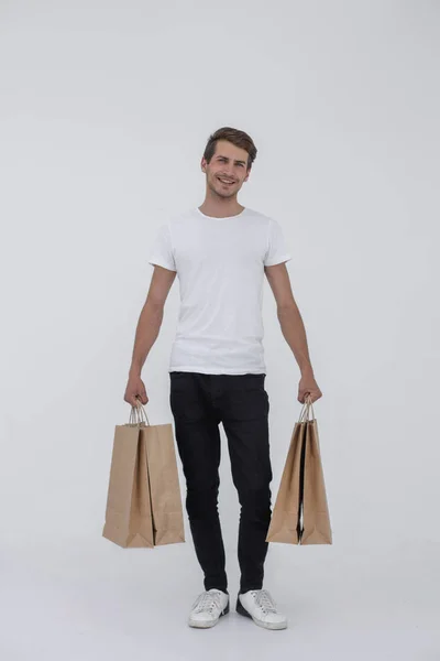 Guy satisfied carries bag — Stock Photo, Image