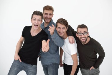 casual adam kamera beyaz zemin üzerine işaret