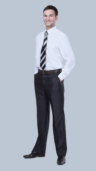 Повнометражний портрет впевненого бізнесмена ізольованого на сірому — стокове фото