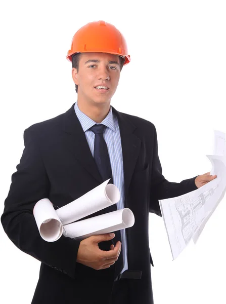Happy young architect portrait with helmet and blueprints — Stock Photo, Image