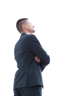 yan görünümü. Kendine güvenen işadamı ararken.