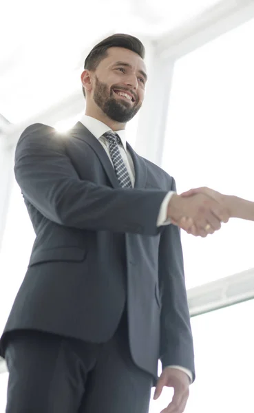 Dwóch pracowników firmy uścisnąć dłoń w biurze — Zdjęcie stockowe