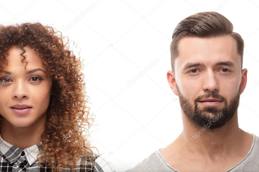 Close-up face of a serious young couple