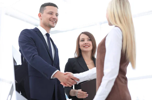 Geschäftskollegen beim Händeschütteln nach erfolgreicher Präsentation. — Stockfoto