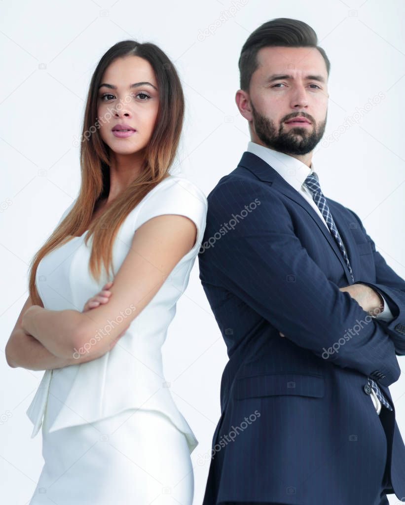 Portrait of business people back to back against white backgroun
