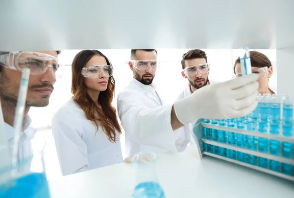 Background image is a group of microbiologists studying the liquid in the glass tube. — Stock Photo, Image