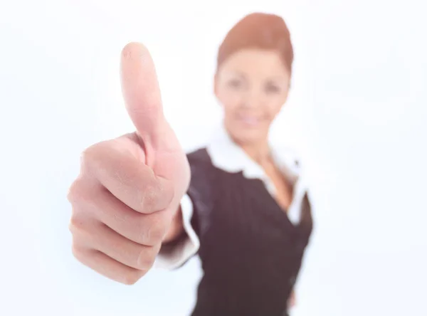 Successful business woman showing thumb up. — Stock Photo, Image